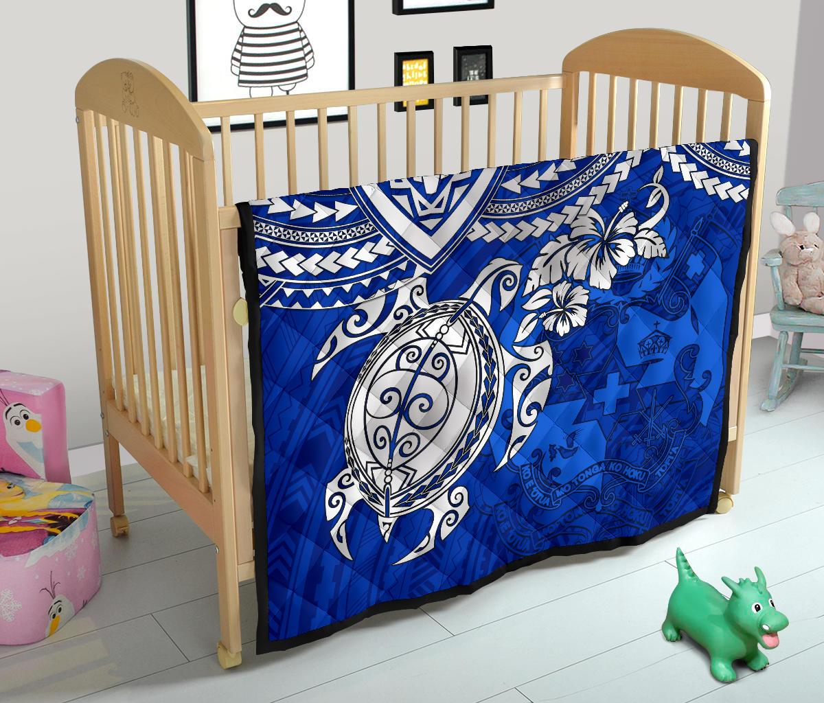 Tonga Polynesian Premium Quilts - Tonga Coat Of Arms & Blue Turtle Hibiscus - Polynesian Pride