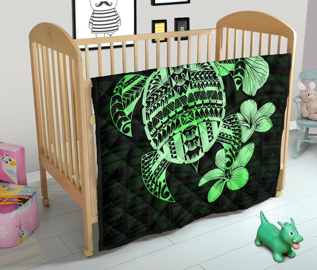 Hawaiian Kanaka Hibiscus Plumeria Mix Polynesian Turtle Premium Quilt Green AH - Polynesian Pride