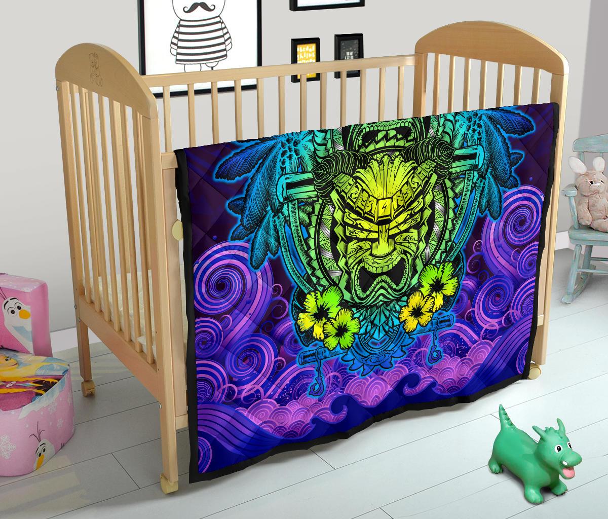 Hawaii Polynesian Premium Quilt - Hawaiian Green Yellow Tiki Face (Purple) - Polynesian Pride