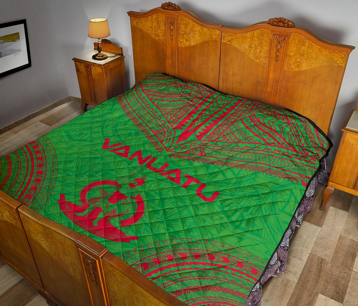 Vanuatu Premium Quilt - Vanuatu Coat Of Arms Polynesian Chief Green Version - Polynesian Pride