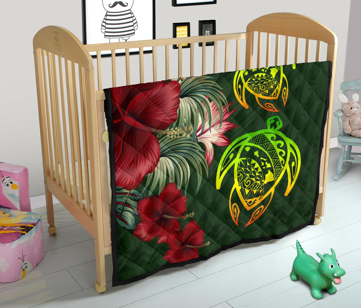 Hawaii Premium Quilt - Turtle Hibiscus Pattern Hawaiian Premium Quilt - Green - Polynesian Pride