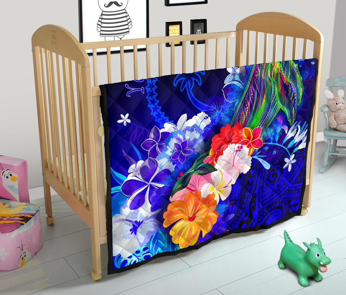 Custom Personalised Chuuk Premium Quilt - Humpback Whale with Tropical Flowers (Blue) - Polynesian Pride