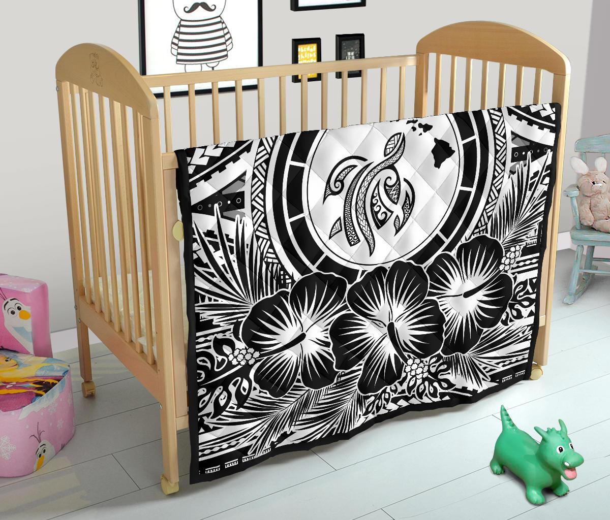 Hawaii Premium Quilt - Hawaii Map Honu Hibiscus White Polynesian Premium Quilt - Polynesian Pride