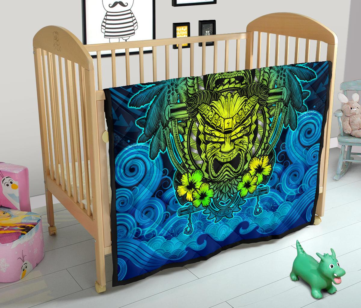 Hawaii Polynesian Premium Quilt - Hawaiian Green Yellow Tiki Face (Blue) - Polynesian Pride