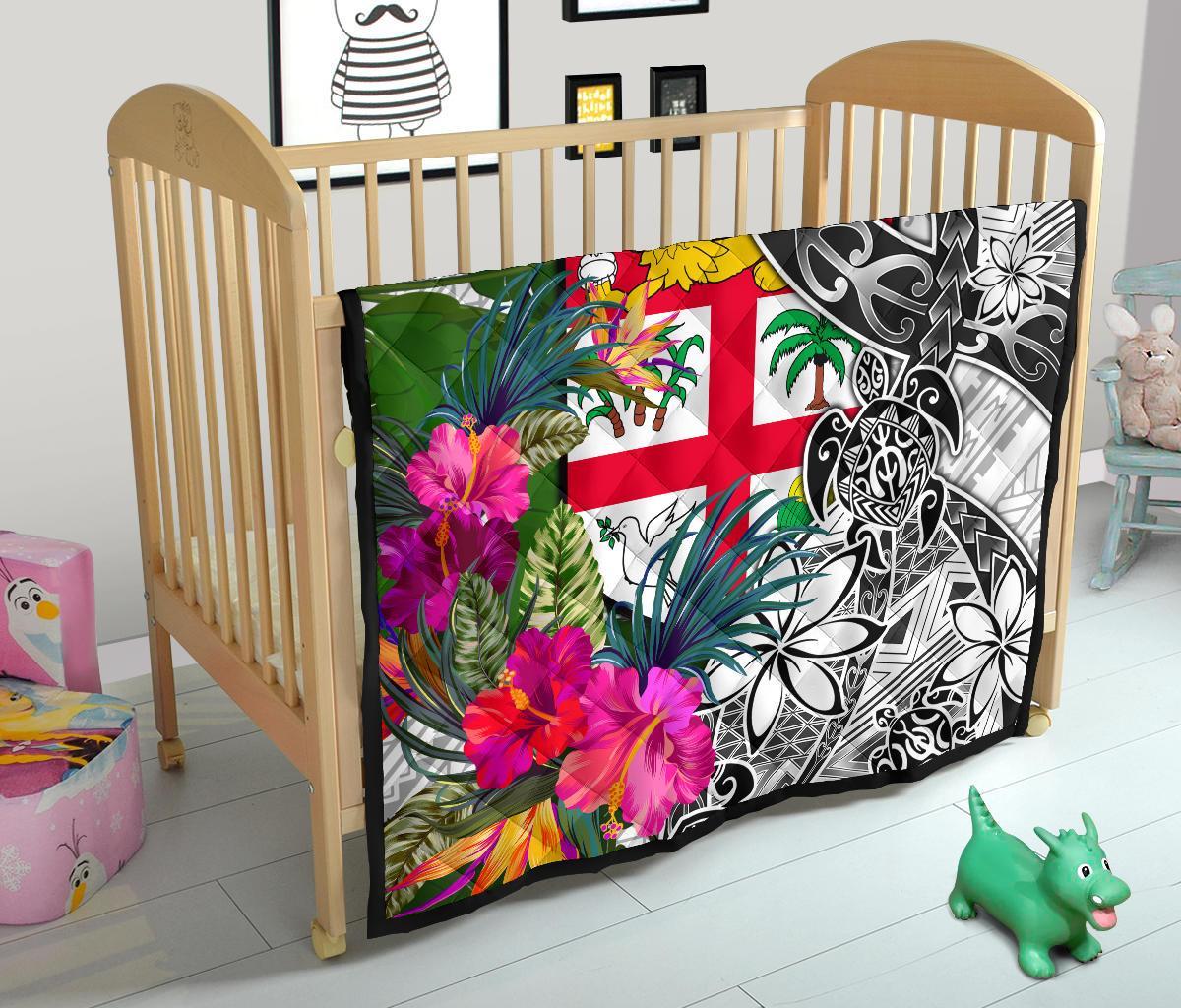 Fiji Premium Quilt White - Turtle Plumeria Banana Leaf - Polynesian Pride