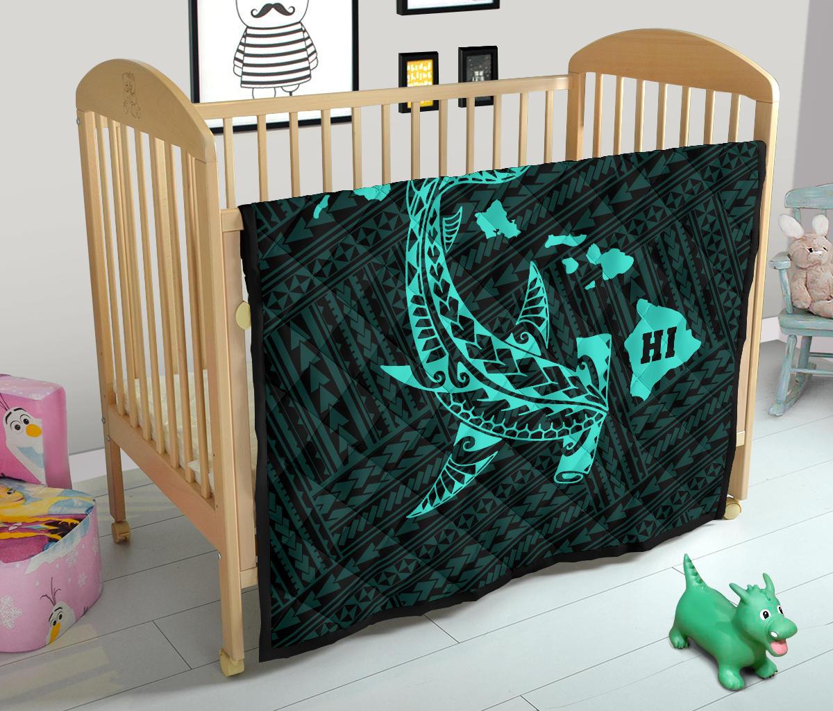 Hawaii Shark Turquoise Polynesian Premium Quilt - Polynesian Pride