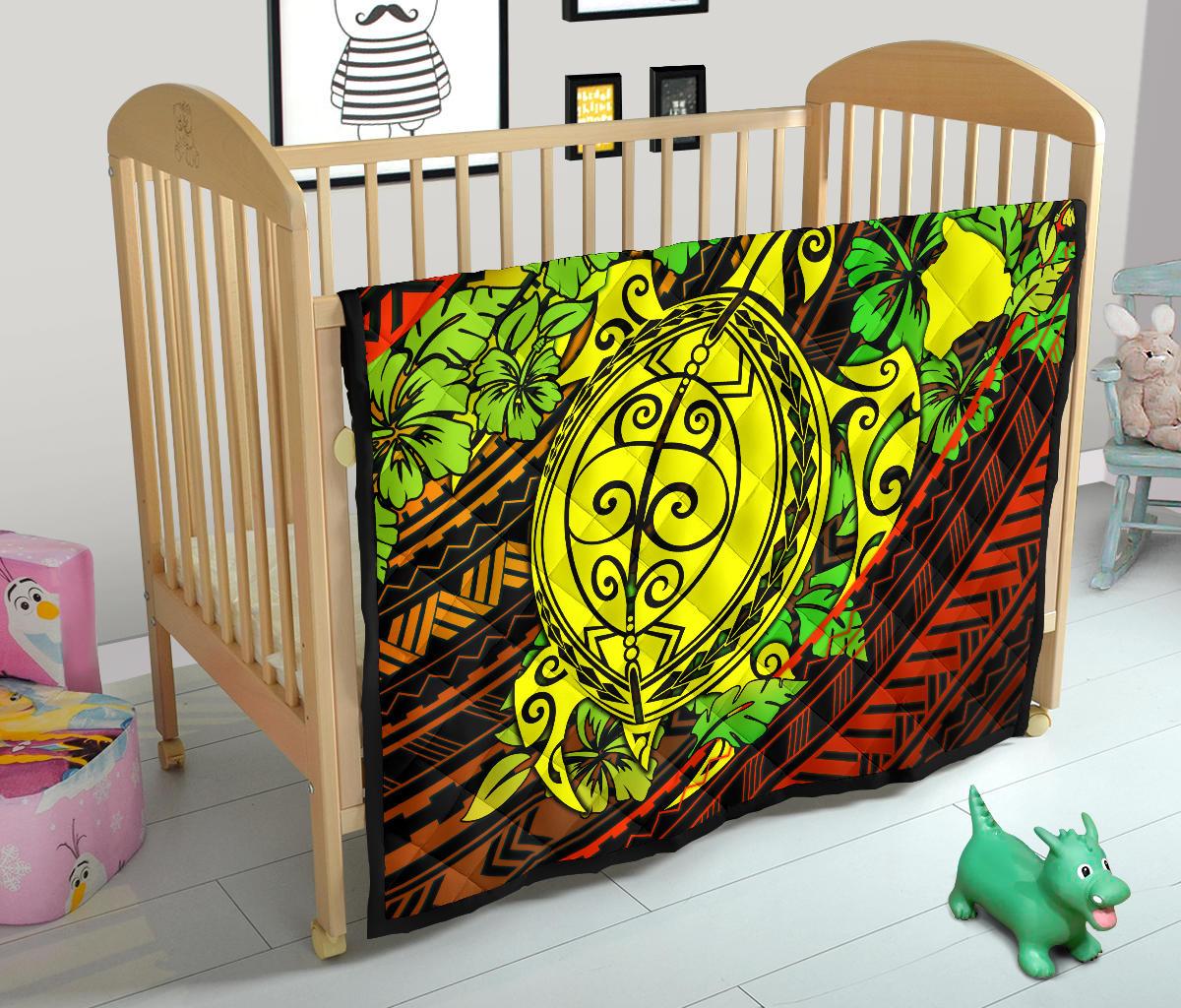 Hawaii Polynesian Premium Quilt - Hawaii Yellow Turtles Map & Green Hibiscus - Polynesian Pride