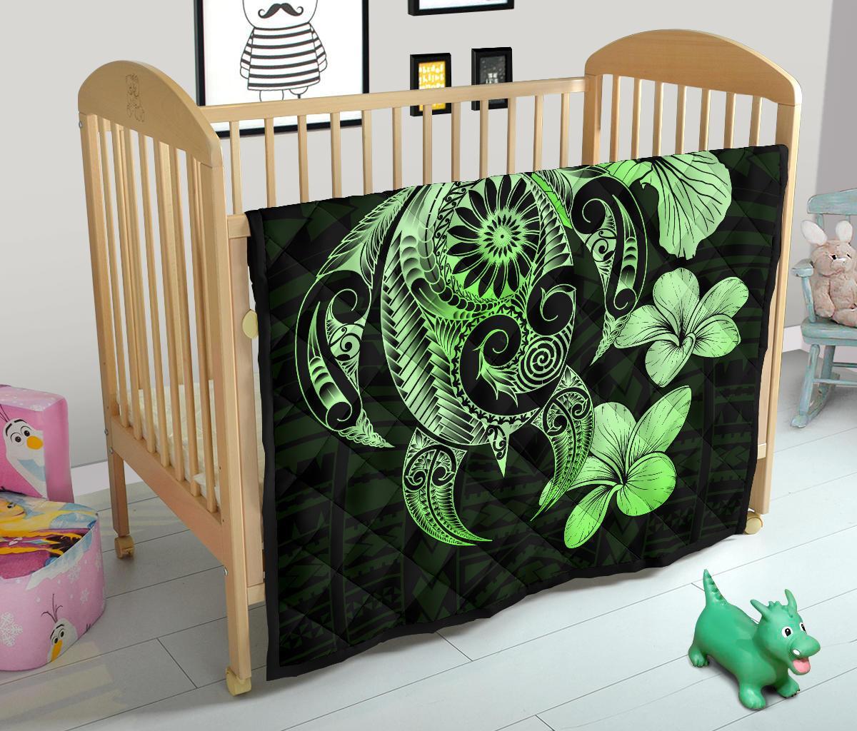 Hibiscus Plumeria Mix Polynesian Green Turtle Premium Quilt - Polynesian Pride
