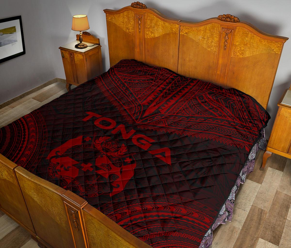 Tonga Premium Quilt - Tonga Coat Of Arms Polynesian Chief Dark Red Version - Polynesian Pride