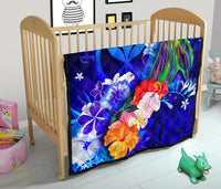 Polynesian Hawaii Premium Quilt - Kanaka Maoli Humpback Whale with Tropical Flowers (Blue) - Polynesian Pride