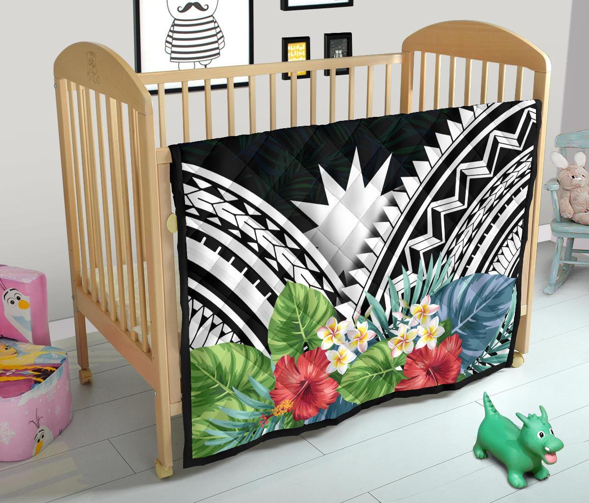 Nauru Premium Quilt - Nauru Coat of Arms & Polynesian Tropical Flowers White - Polynesian Pride