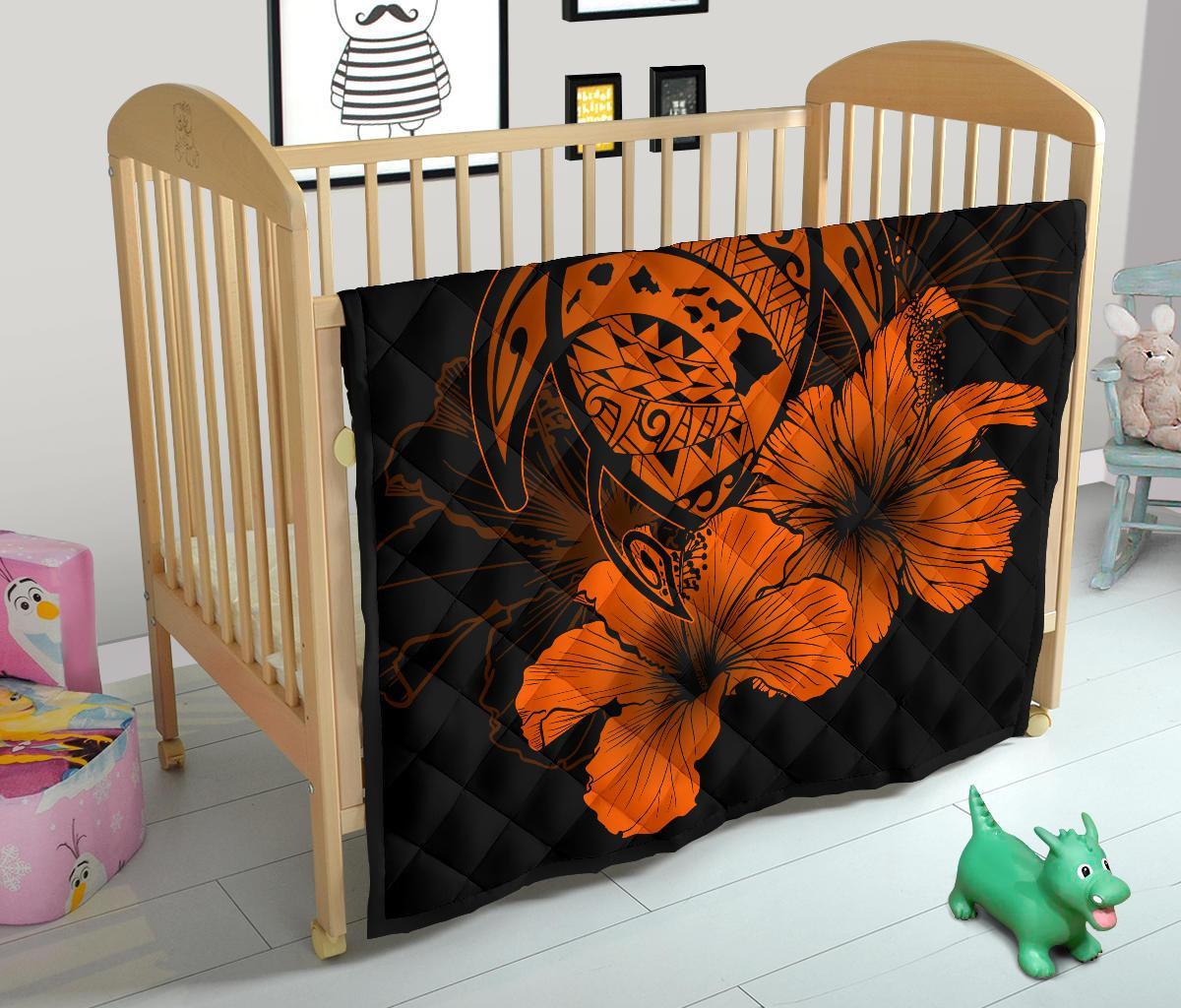 Hawaii Hibiscus Premium Quilt - Turtle Map - Orange - Polynesian Pride
