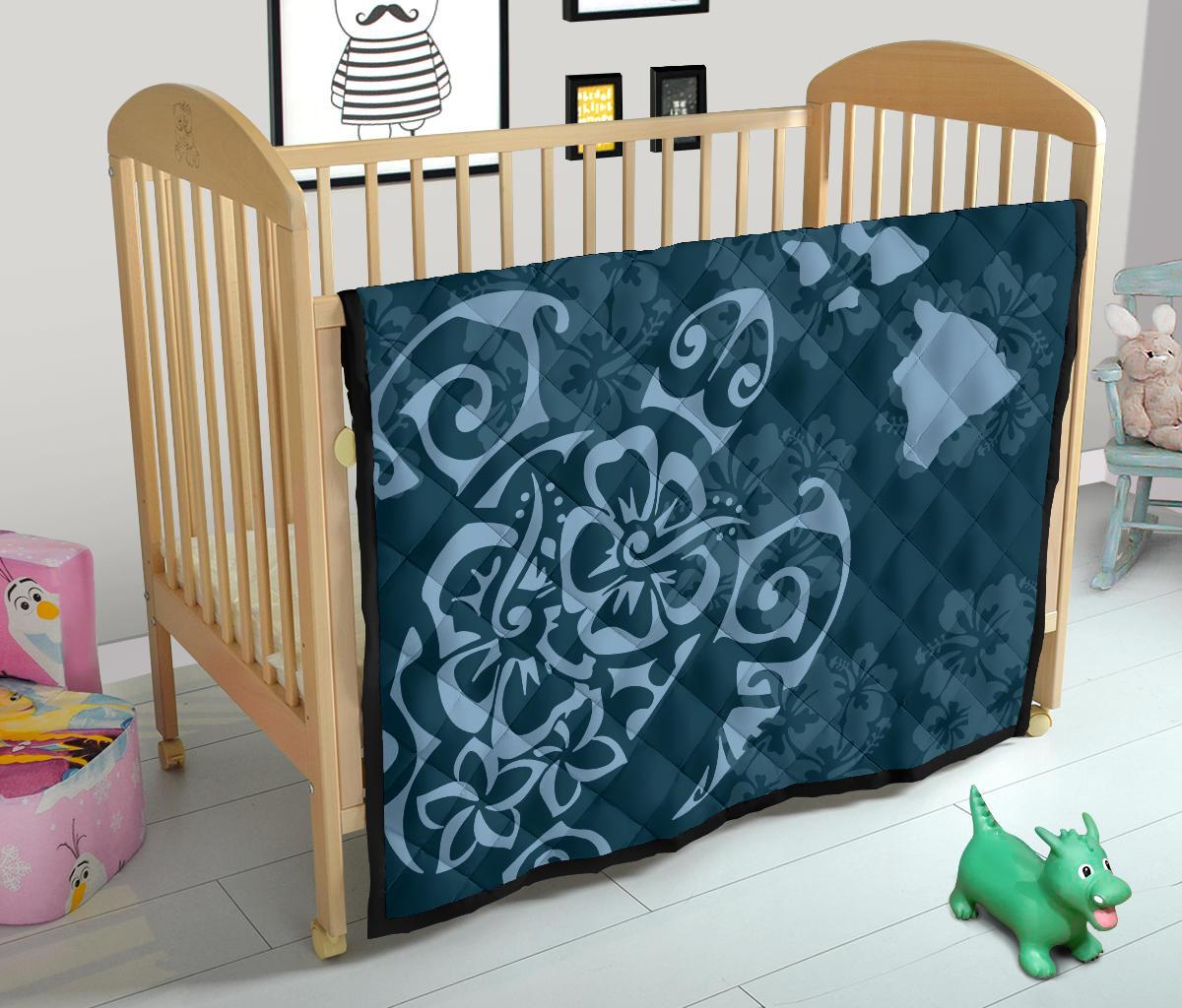 Turtle Hibiscus Map Blue Premium Quilt - Polynesian Pride