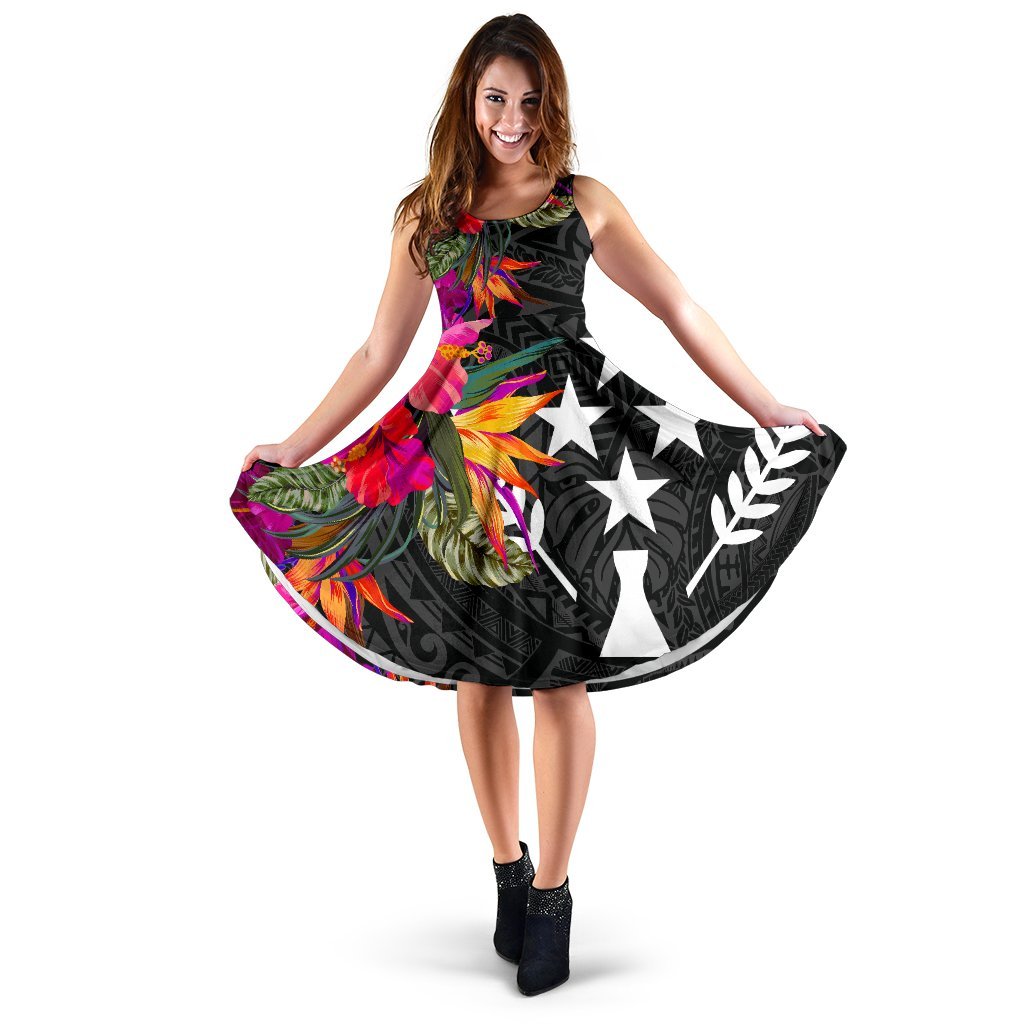 Kosrae Midi Dress - Hibiscus Micronesian Pattern Women Black - Polynesian Pride