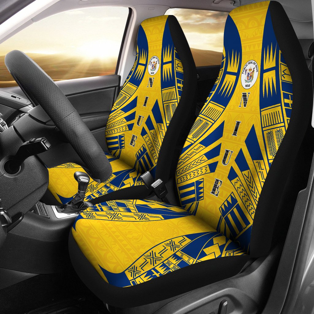 Niue Car Seat Covers - Niue Seal Polynesian Tattoo Flag Universal Fit Yellow-Blue - Polynesian Pride