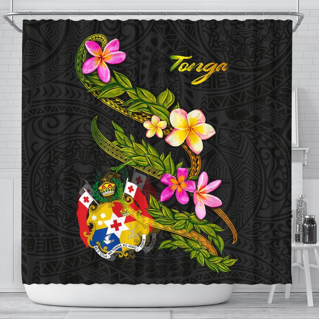 Tonga Polynesian Shower Curtain - Plumeria Tribal 177 x 172 (cm) Black - Polynesian Pride