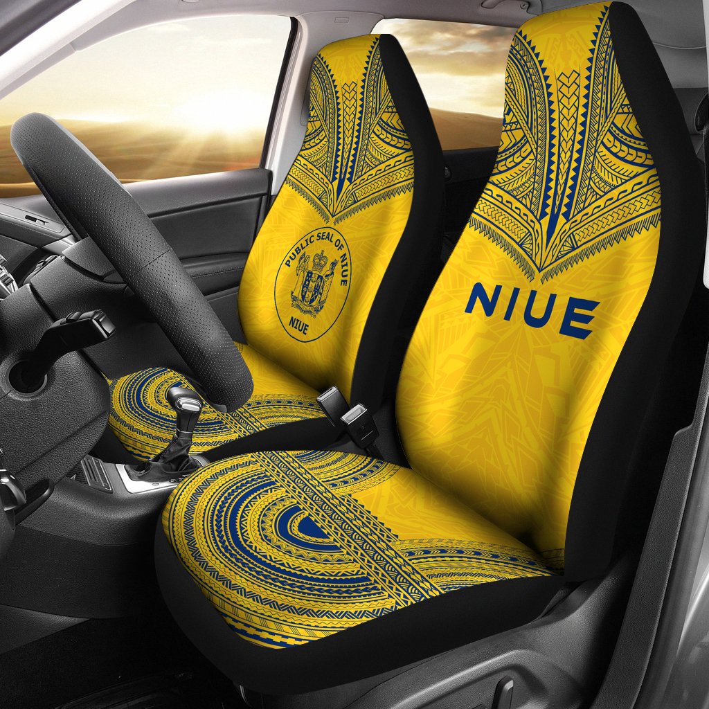 Niue Car Seat Cover - Niue Seal Polynesian Chief Tattoo Yellow Version Universal Fit Yellow - Polynesian Pride