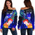 Fiji Custom Personalised Women's Off Shoulder Sweater - Humpback Whale with Tropical Flowers (Blue) Blue - Polynesian Pride