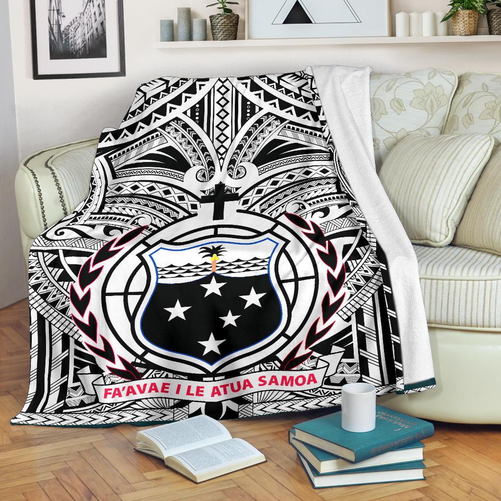 Samoa Premium Blanket - Samoa Coat Of Arm, Polynesian Tattoo White And Black White - Polynesian Pride