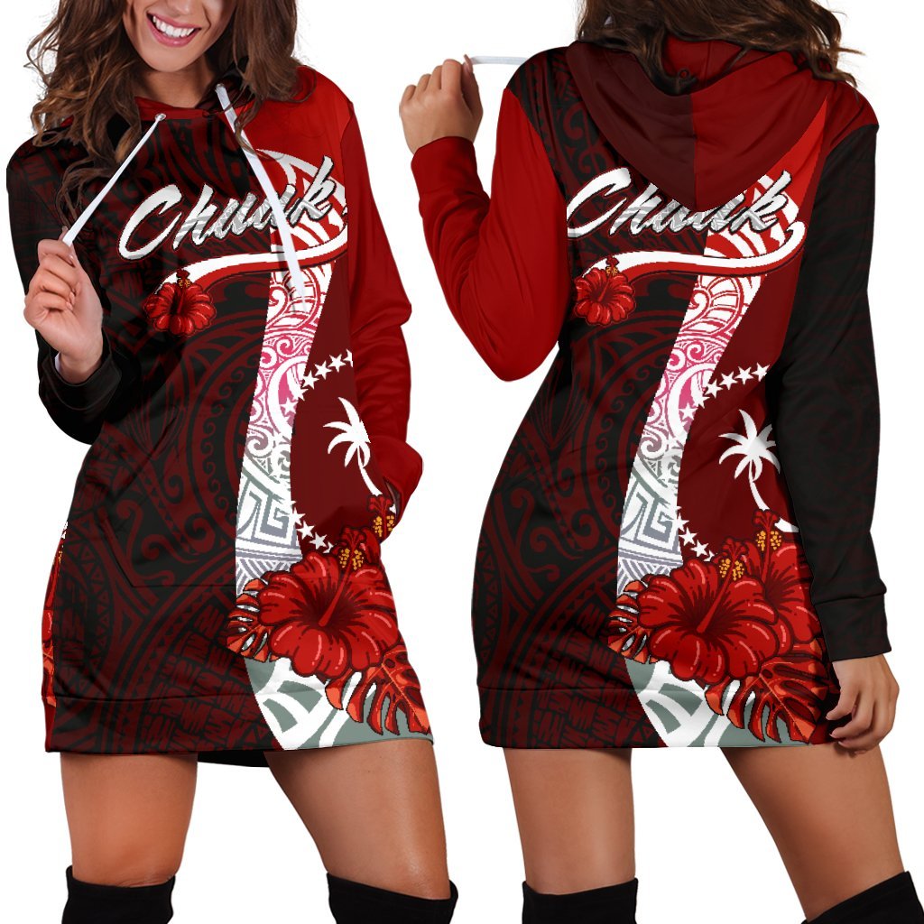 Chuuk Micronesia Hoodie Dress - Coat Of Arm With Hibiscus Red - Polynesian Pride