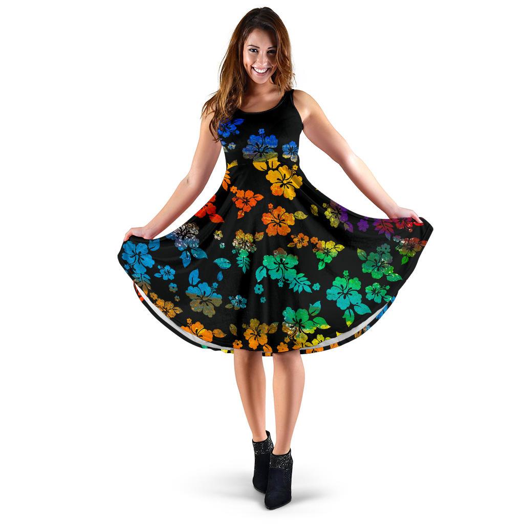 Polynesian Midi Dress - Rainbow Hibiscus Women Rainbow - Polynesian Pride