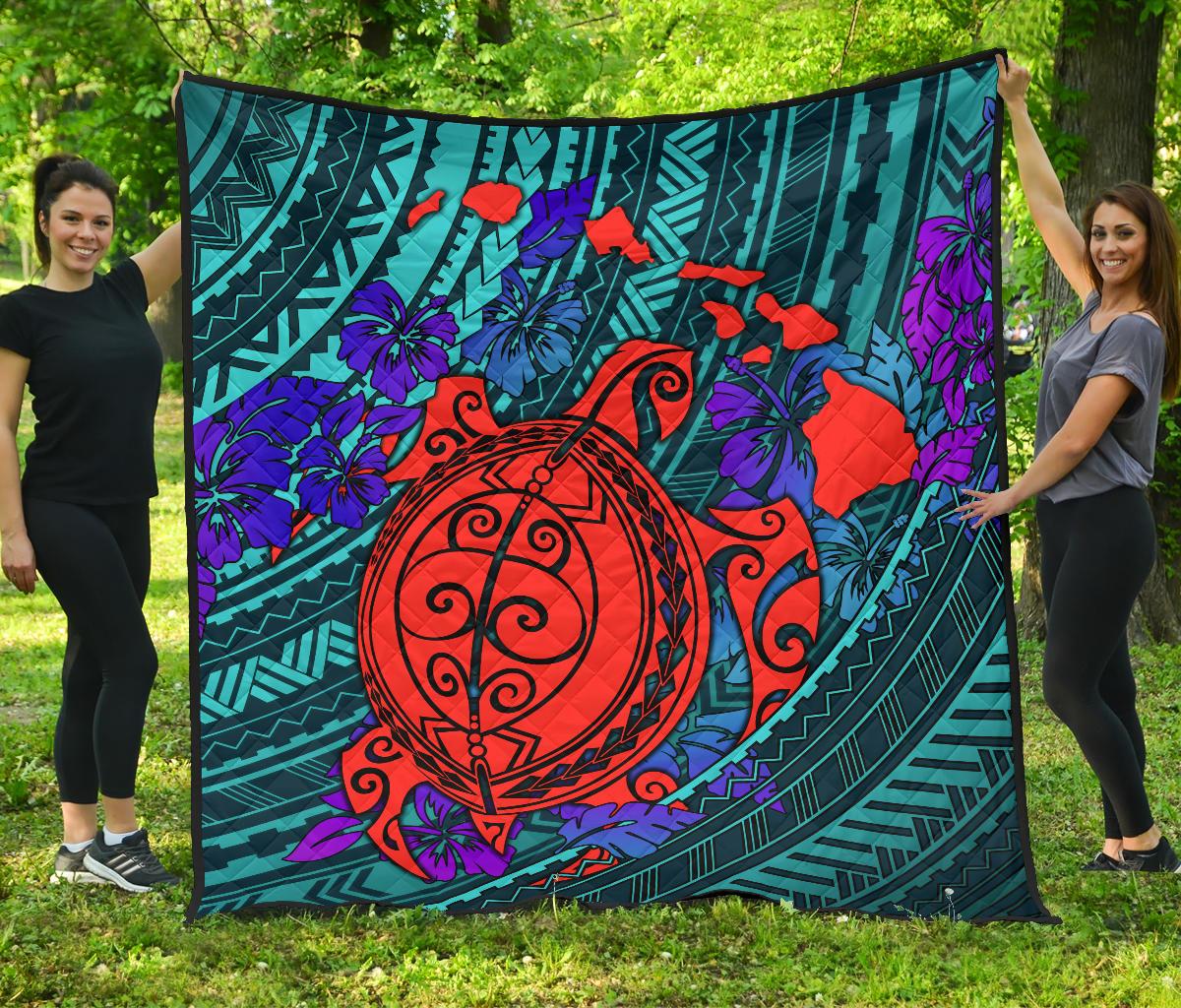 Hawaii Polynesian Premium Quilt - Hawaii Red Turtle Map & Purple Hibiscus Blue - Polynesian Pride