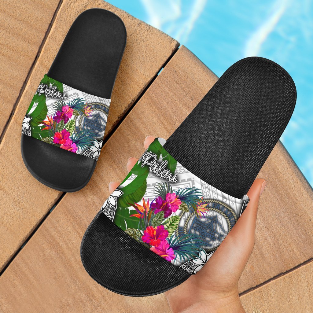 Palau Slide Sandals - Turtle Plumeria Banana Leaf Crest Black - Polynesian Pride