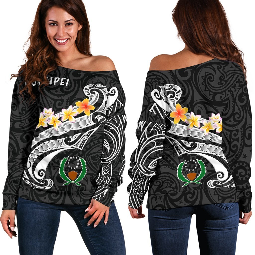 Pohnpei Women's Off Shoulder Sweater - Pohnpei Seal Polynesian Patterns Plumeria (Black) - Polynesian Pride
