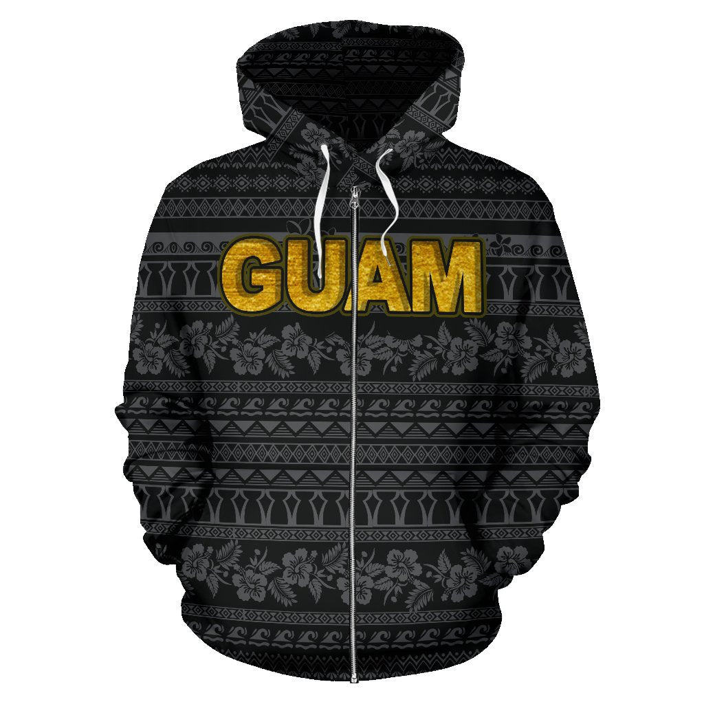 Guam Polynesian Zip up Hoodie Guaman Latte Stone Pattern Black - Polynesian Pride