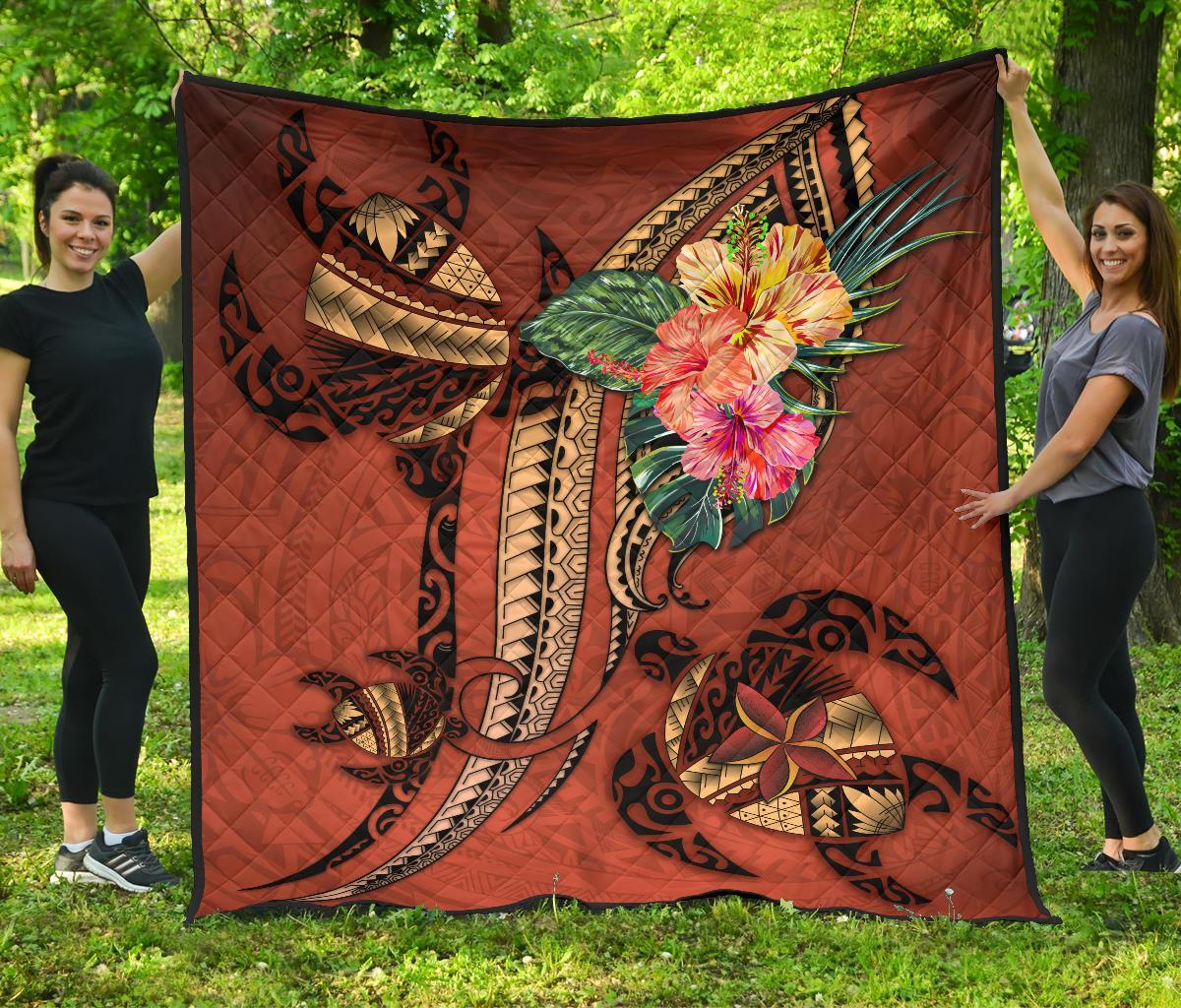 Polynesian Turtle Premium Quilt - Tribal Tattoo With Hibiscus Coral Coral - Polynesian Pride