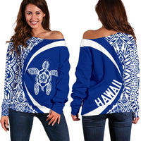 Hawaii Turtle Polynesian Women's Off Shoulder Sweater - Circle Style - AH - Blue White - Polynesian Pride
