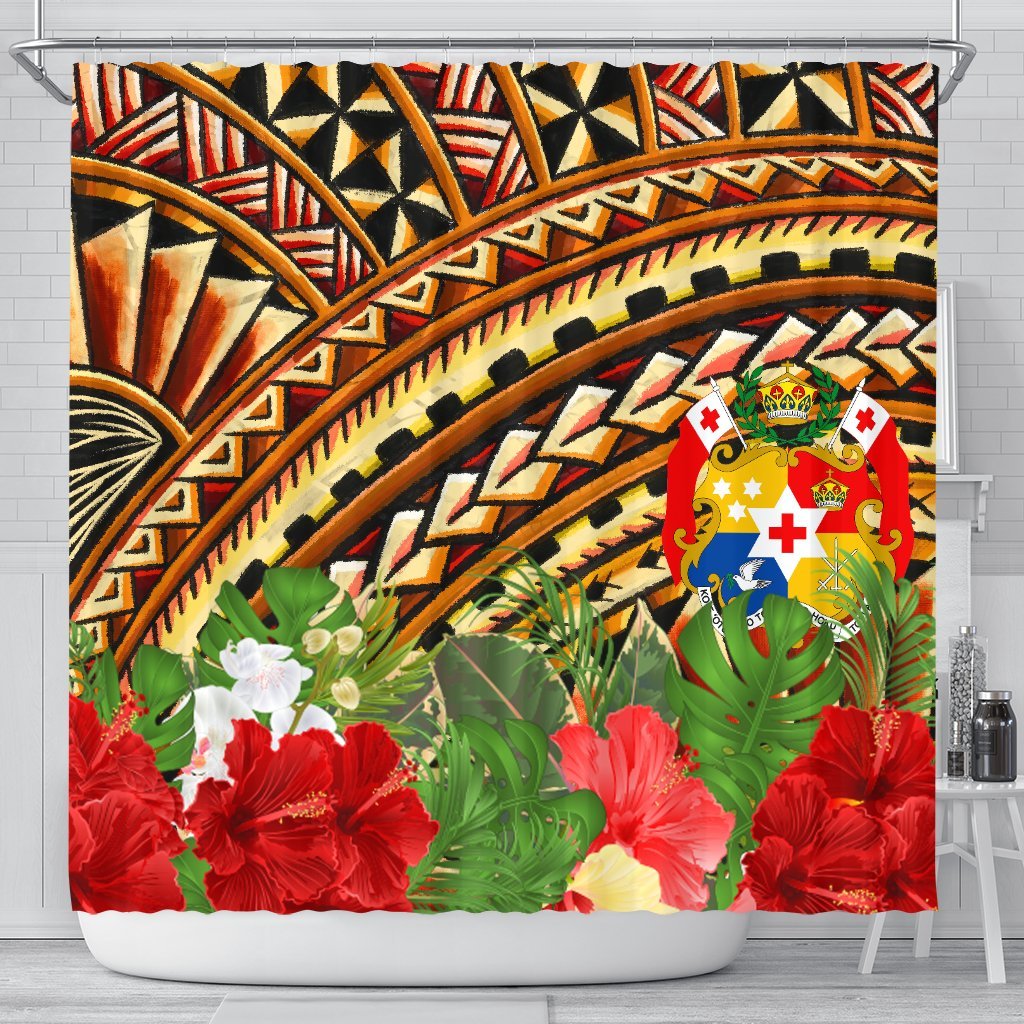 Tonga Shower Curtain - Vintage Pattern With Hibiscus Flower - Polynesian Pride