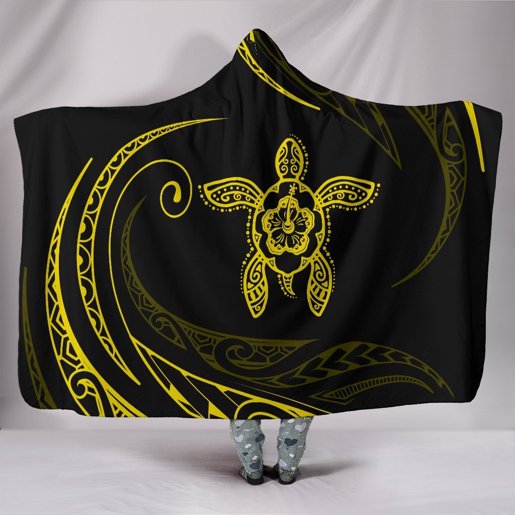 Hawaii Turtle Hibicus Hooded Blanket - Yellow - Frida Style Hooded Blanket Yellow - Polynesian Pride