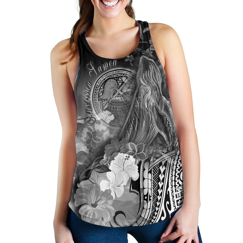 American Samoa Polynesian Women's Racerback Tank - Humpback Whale with Tropical Flowers (White) - Polynesian Pride