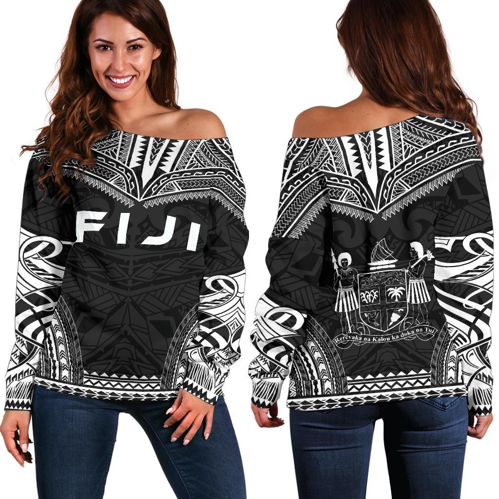 Fiji Polynesian Chief Women's Off Shoulder Sweater - Black Version Black - Polynesian Pride