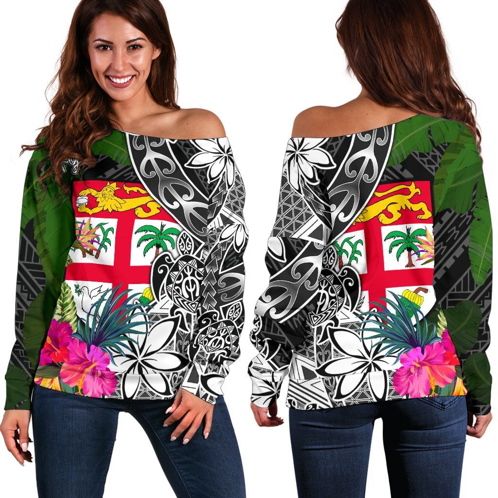 Fiji Off Shoulder Sweater - Turtle Plumeria Banana Leaf Black - Polynesian Pride