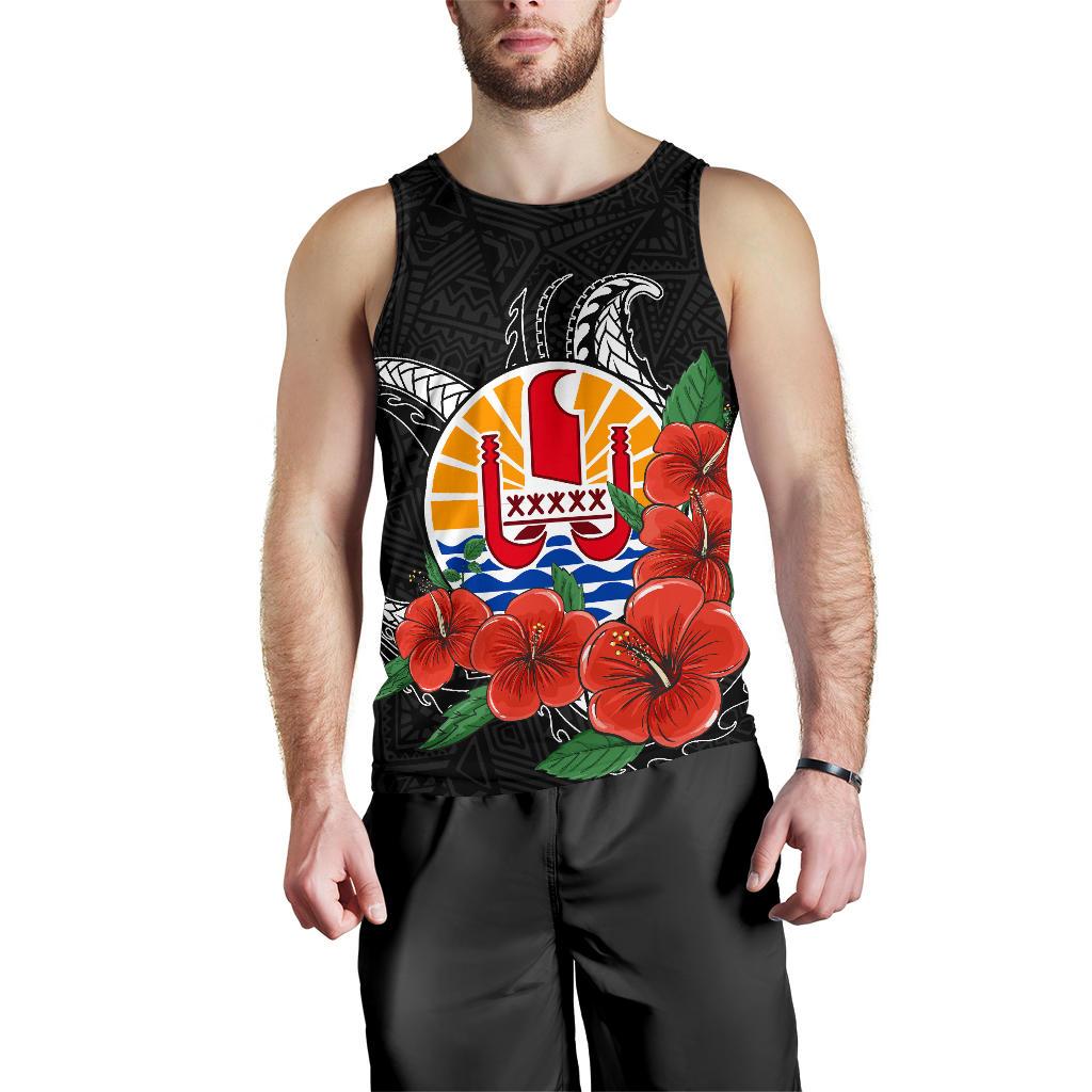 Tahiti Polynesian Men Tank Top - Hibiscus Coat of Arm Black - Polynesian Pride