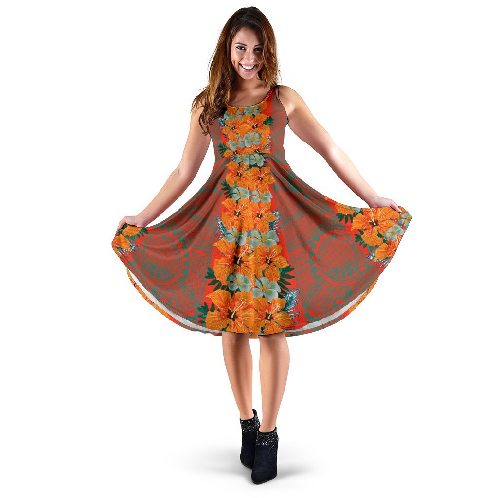 Hawaii Tropical Flowers Polynesian - Hawaiian Midi Dress - Haka Style Midi Dress Orange - Polynesian Pride