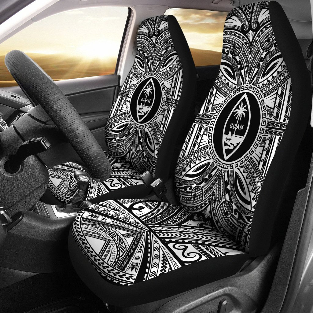 Guam Car Seat Cover - Guam Coat Of Arms Polynesian White Black Universal Fit Black - Polynesian Pride
