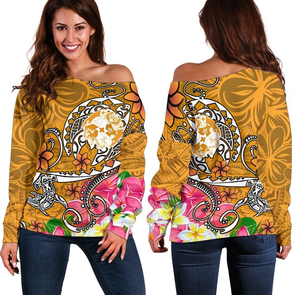 Tonga Women's Off Shoulder Sweater - Turtle Plumeria (Gold) Gold - Polynesian Pride
