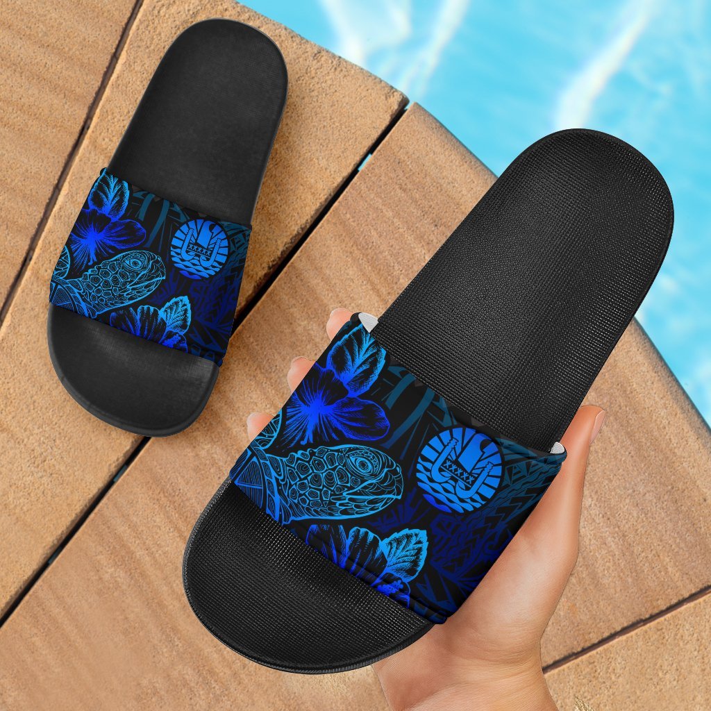 Tahiti Sandals - Turtle Hibiscus Pattern Blue Black - Polynesian Pride