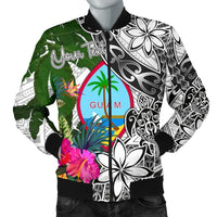 Guam Custom Personalised Men's Bomber Jacket White - Turtle Plumeria Banana Leaf White - Polynesian Pride