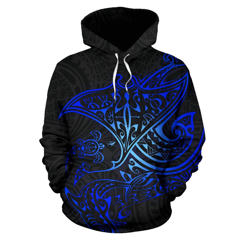 American Samoa Polynesian Hoodie Blue Turtle Shark Manta - Polynesian Pride