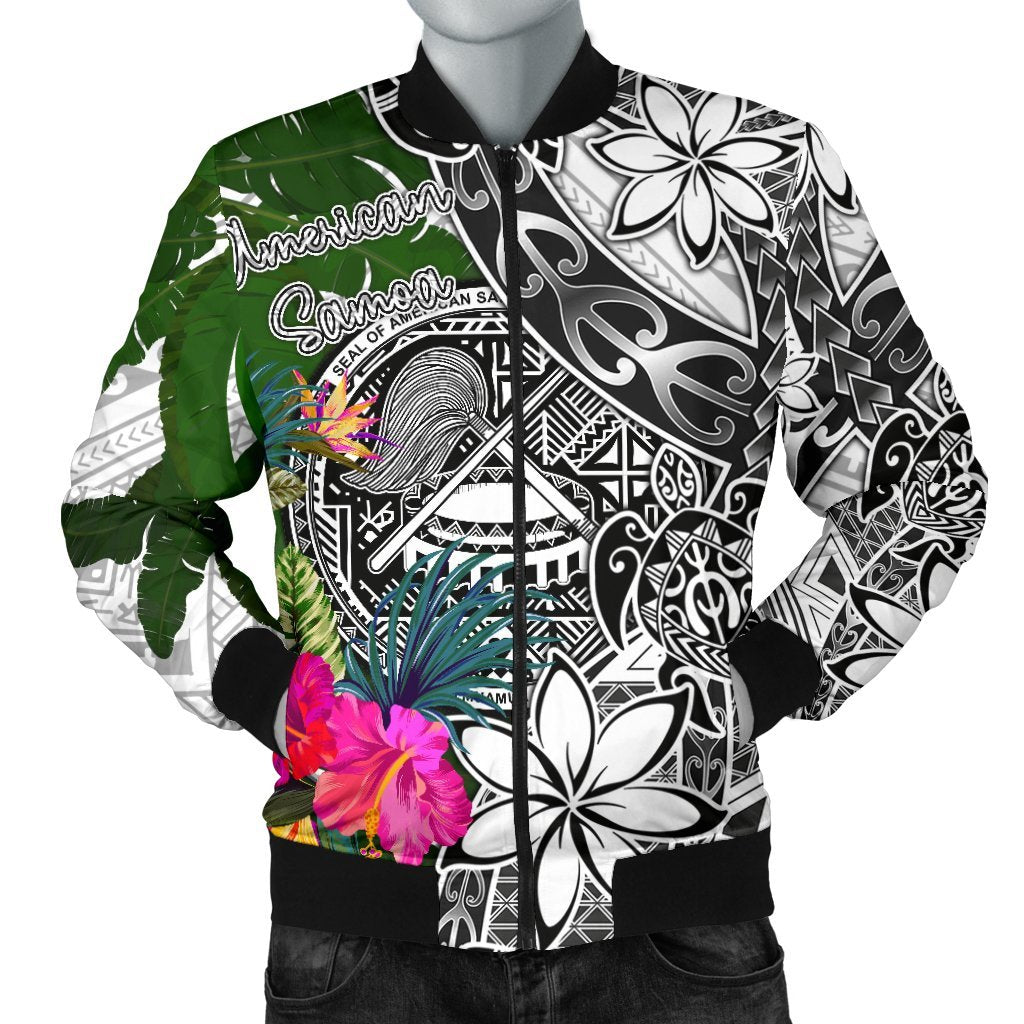 American Samoa Men's Bomber Jacket White - Turtle Plumeria Banana Leaf White - Polynesian Pride