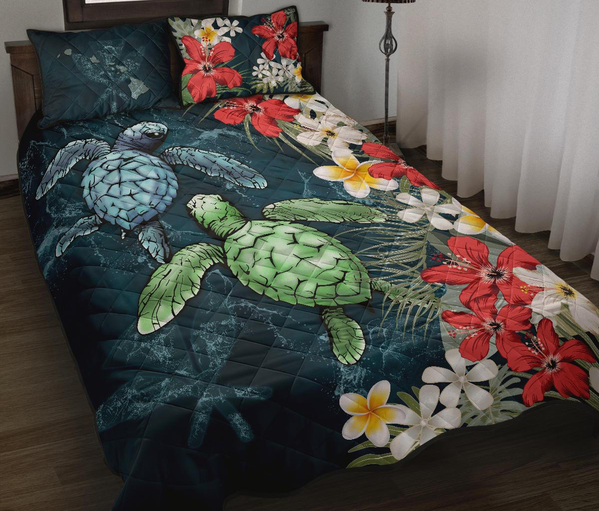 Kanaka Maoli (Hawaiian) Quilt Bed Set - Sea Turtle Tropical Hibiscus And Plumeria - Polynesian Pride
