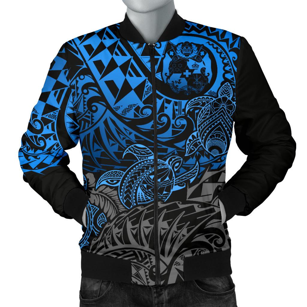 Tonga Polynesian Bomber Jacket (Men) - Blue Turtle Flowing Blue - Polynesian Pride