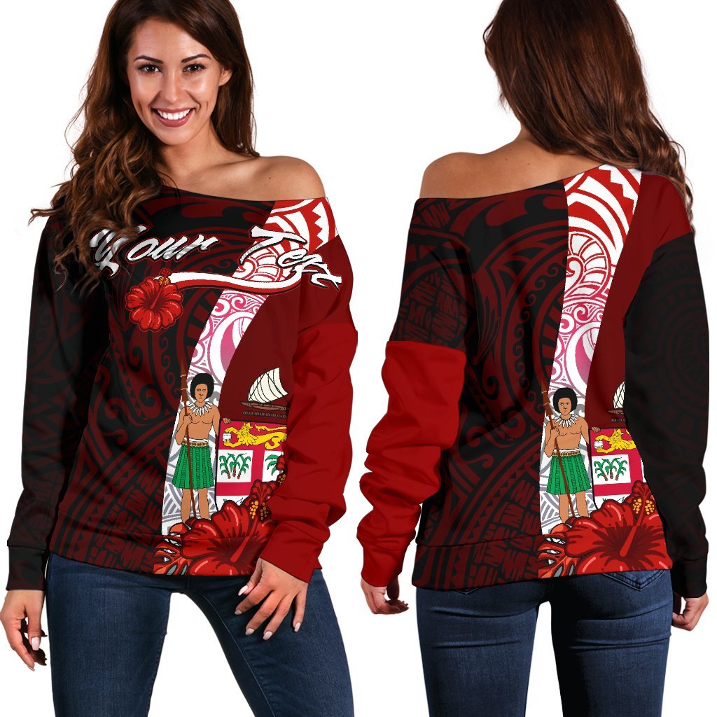 Fiji Polynesian Custom Personalised Women's Off Shoulder Sweater - Coat Of Arm With Hibiscus Red - Polynesian Pride