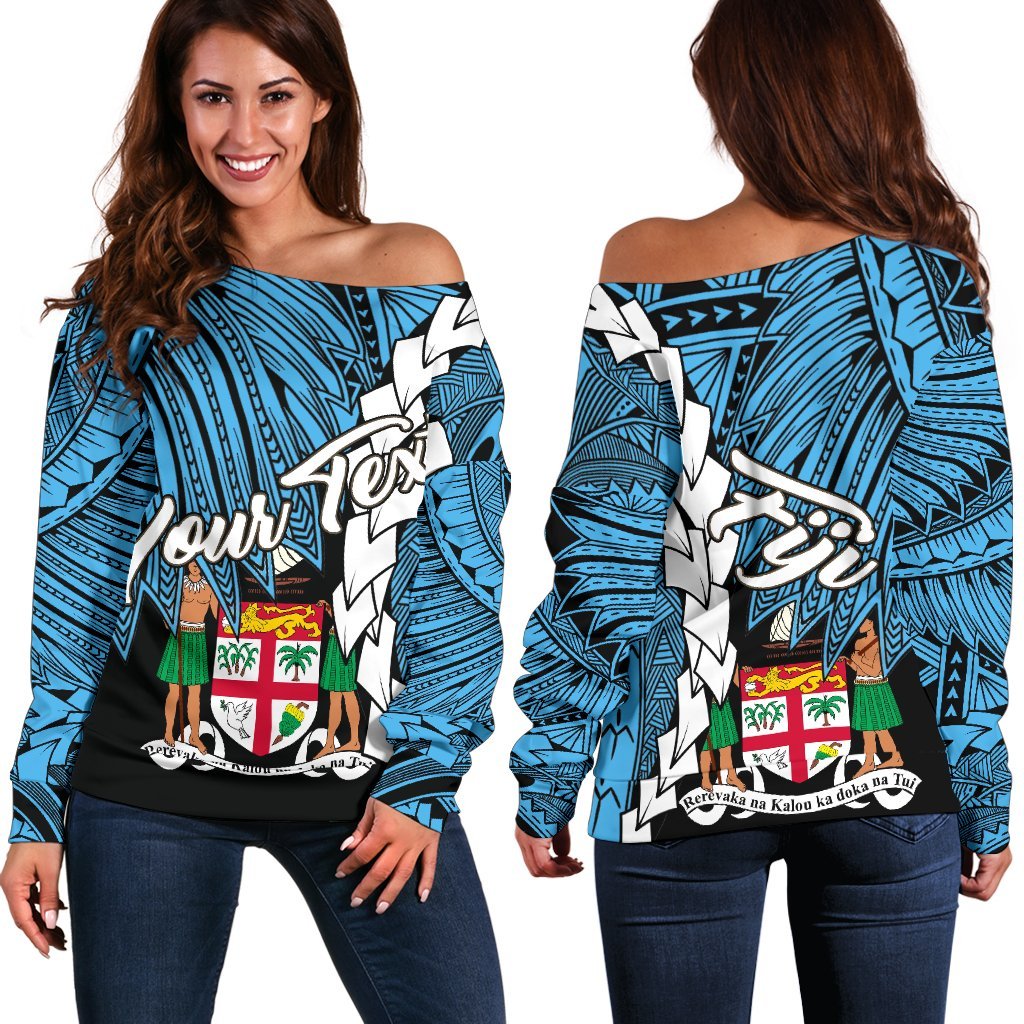 Fiji Polynesian Custom Personalised Women's Off Shoulder Sweater - Tribal Wave Tattoo Flag Style Blue - Polynesian Pride