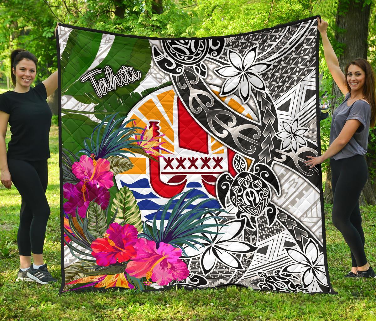 Tahiti Premium Quilt White - Turtle Plumeria Banana Leaf - Polynesian Pride