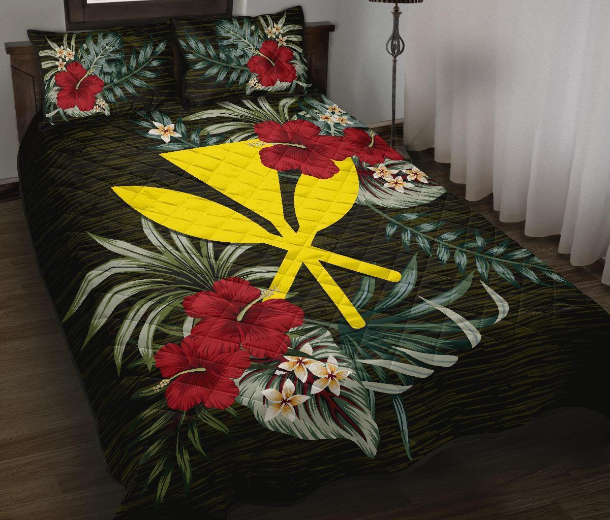 (Hawaiian) Kanaka Maoli Polynesian Quilt Bed Set - Special Hibiscus Black - Polynesian Pride